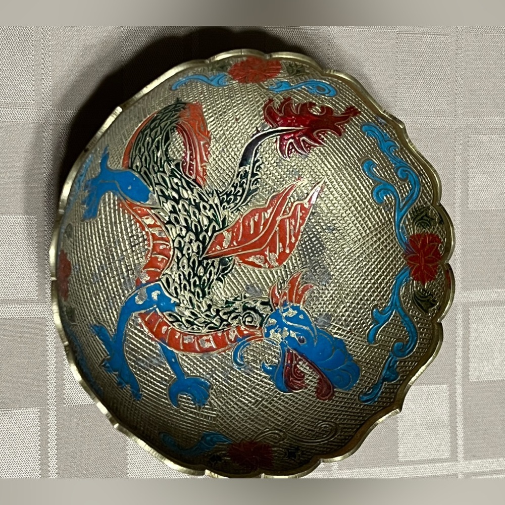 Vintage Sarna Brass India‎ Etched Rare Dragon Design Brass Bowl 5 X 5 X 2.5